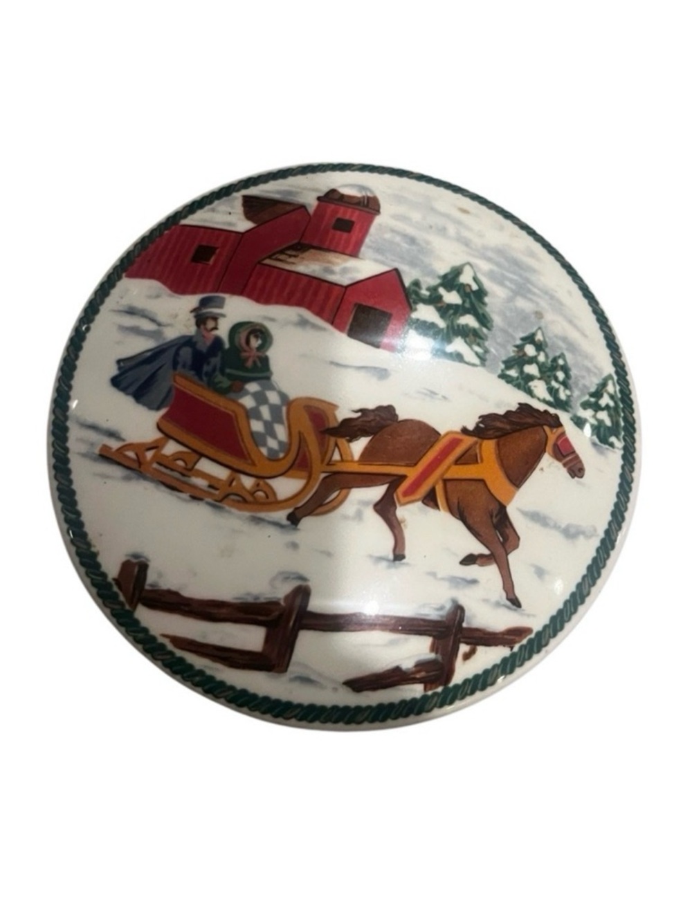 Vintage Winter Scene Decorative Covered Dish Country Sleigh Ride